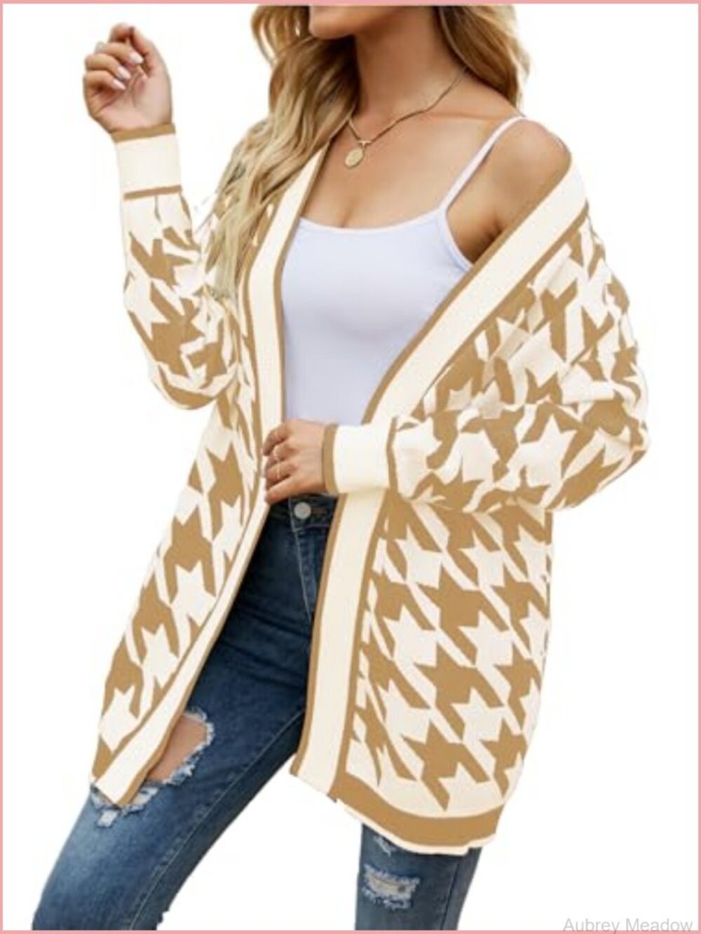 Lightweight Open Front Cardigan Sweater, Long Sleeve Knit Houndstooth Outerwear - Picture 4 of 6
